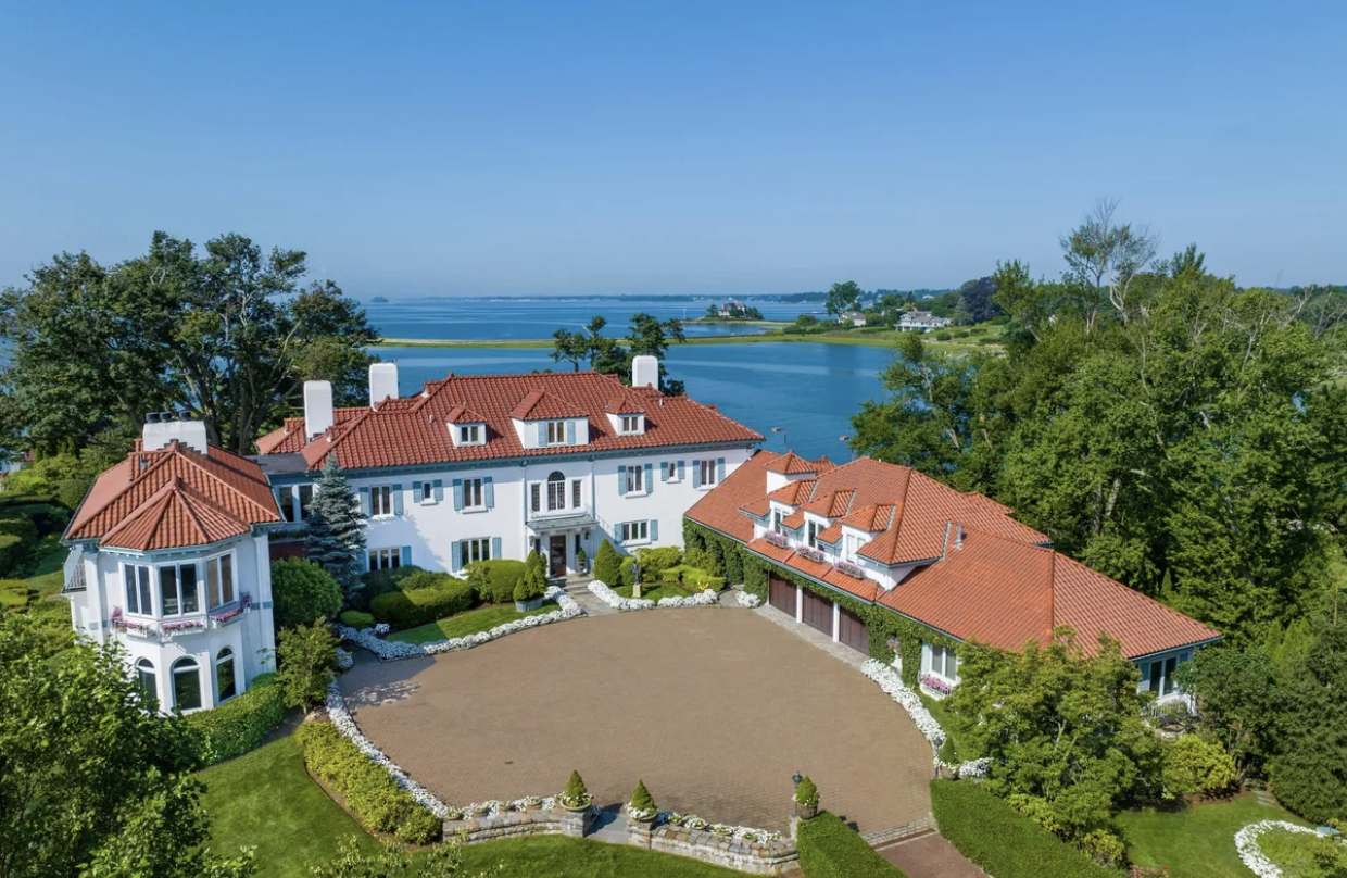 Aerial view of a Greenwich CT waterfront estate